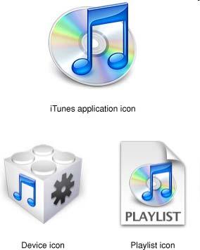 Kuvake sovellukselle ja kohteille kuvakeperhe (Macintosh OS X) : itunes-sovelluksen ikoni esiintyy myös itunesiin liittyvien tiedostojen kuvakkeissa [Apple HIG] 13 Kuvakkeet työkalurivillä kuvakkeet