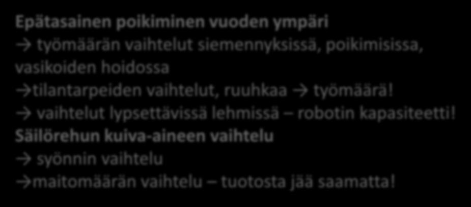 laitteet, järjestelmät Epätasainen poikiminen vuoden ympäri työmäärän vaihtelut siemennyksissä, poikimisissa, vasikoiden hoidossa