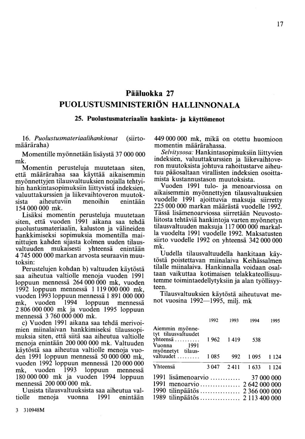 17 Pääluokka 27 PUOLUSTUSMINISTERIÖN HALLINNONALA 25. Puolustusmateriaalin hankinta- ja käyttömenot 16.