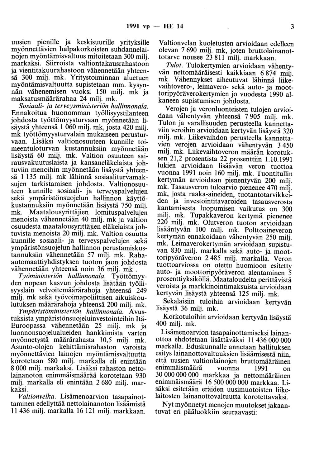 1991 vp - HE 14 3 uusien pienille ja keskisuurille yrityksille myönnettävien ~alpakork~ist~n suhdannel~~nojen myöntämisvaltuus mitoitetaan 300 mllj. markaksi.
