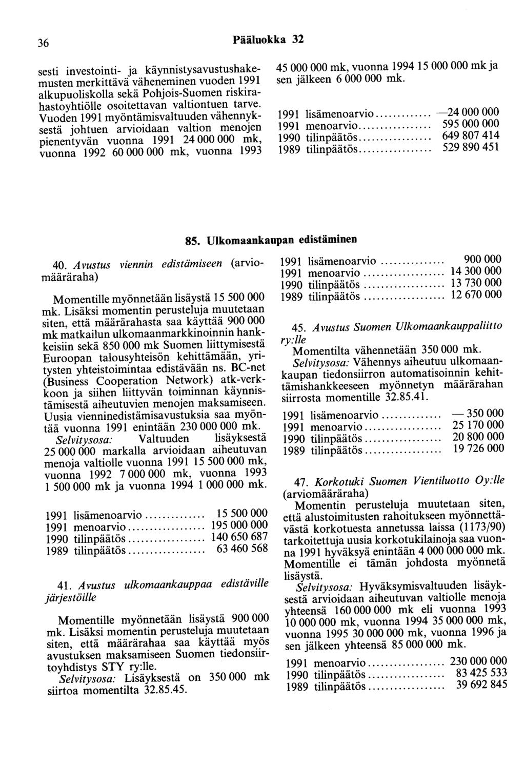36 Pääluokka 32 sesti investointi- ja käynnistysavustushakemusten merkittävä väheneminen vuoden 1991 alkupuoliskolla sekä Pohjois-Suomen riskirahastoyhtiölle osoitettavan valtiontuen tarve.
