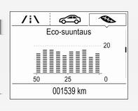 100 Mittarit ja käyttölaitteet Eco-tietovalikko @ Mahdollisia sivuja ovat: taloudellisuustrendi taloudellisuusindeksi suurimmat kuluttajat Taloudellisuustrendi Näyttää keskikulutuksen 50 km:n