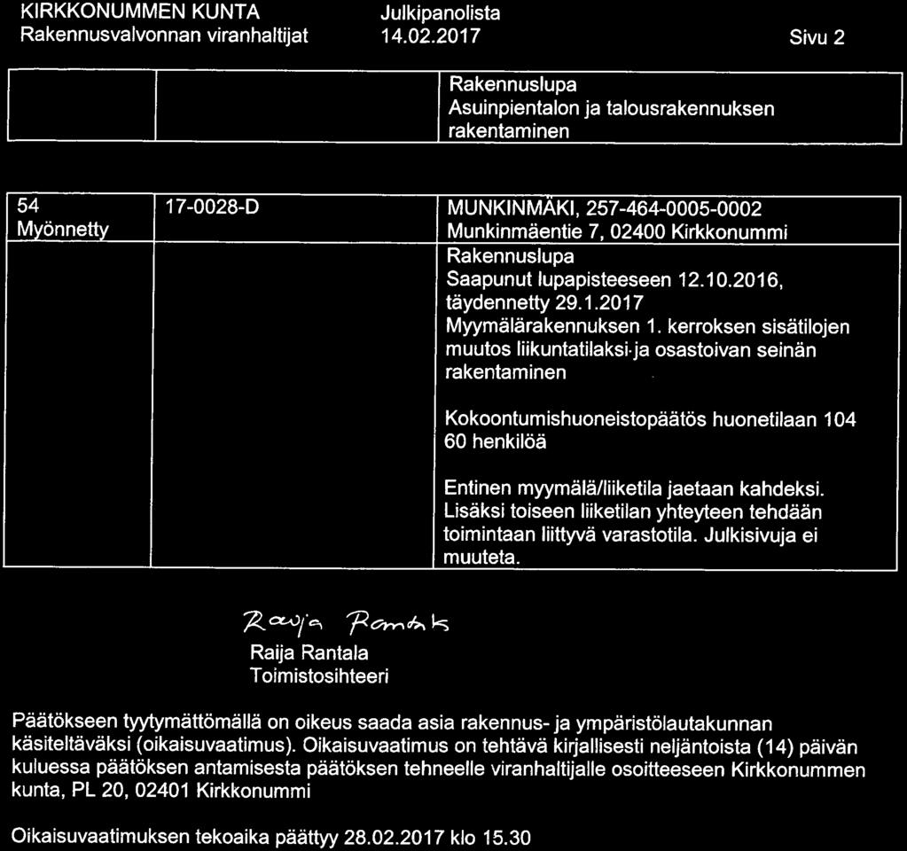 14.02.2017 Sivu 2 Asuinpientalon ja talousrakennuksen rakentaminen 54 17-0028-D MUNKINMÄKI, 257-464-0005-0002 Munkinmäentie 7, 02400 Kirkkonummi Saapunut lupapisteeseen 12. 10. 2016, täydennetty 29.