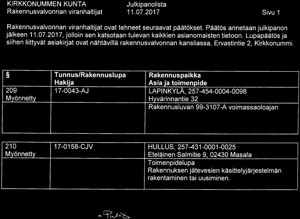 11. 07. 2017 Sivu 1 ovat tehneet seuraavat päätökset. Päätös annetaan julkipanon jälkeen 11. 07. 2017, jolloin sen katsotaan tulevan kaikkien asianomaisten tietoon.