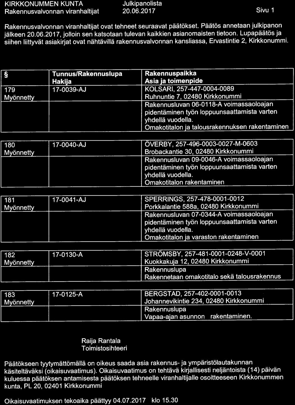 20. 06. 2017 Sivu 1 ovat tehneet seuraavat päätökset. Päätös annetaan julkipanon jälkeen 20. 06.2017, jolloin sen katsotaan tulevan kaikkien asianomaisten tietoon.