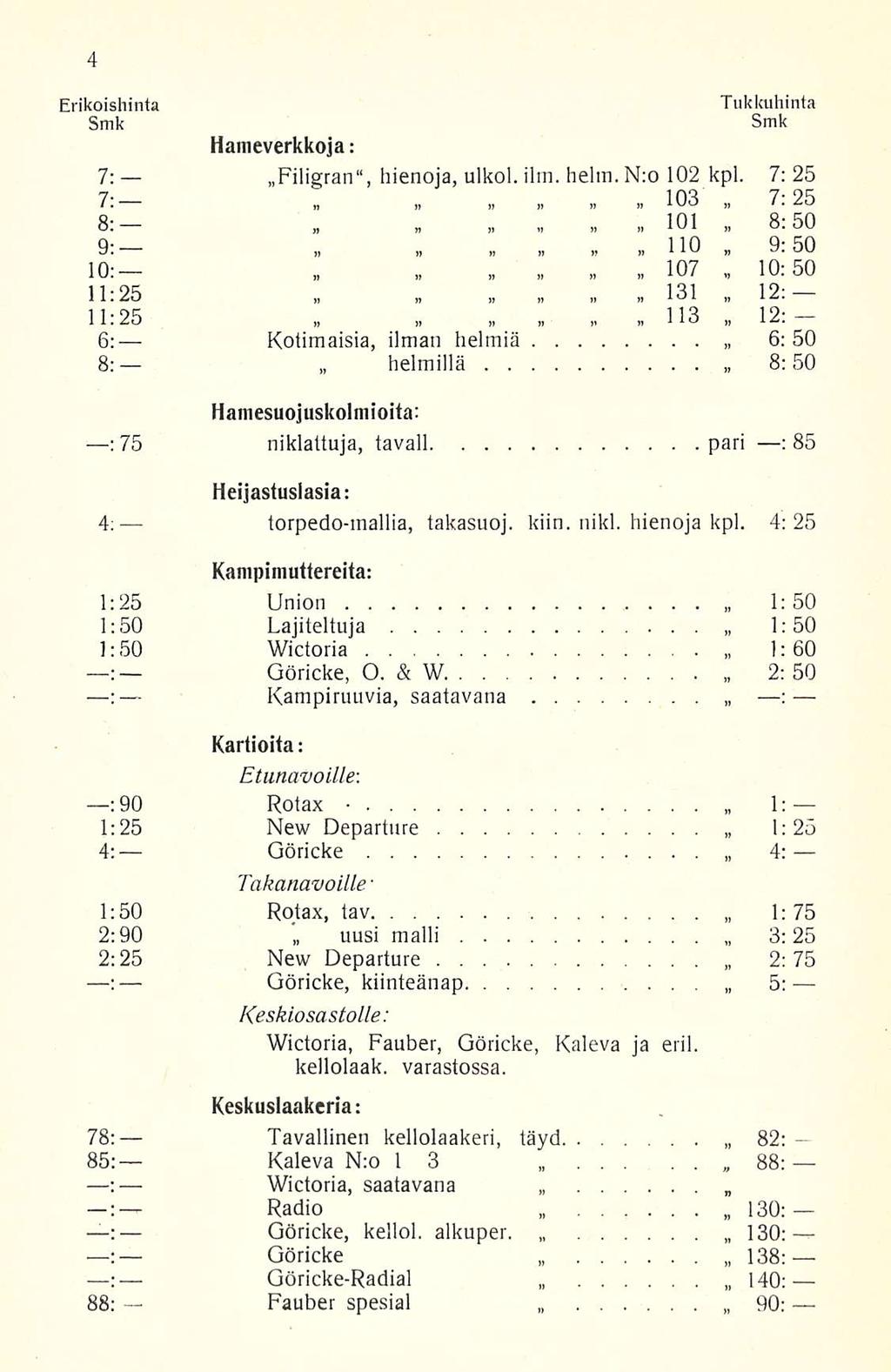 Kotimaisia, torpedo-mallia, Göricke, Kampiruttvia, Göricke Göricke, Kaleva Wictoria, Göricke, Göricke Göricke-Radial Erikoishinta Tukkuhinta H alueverkkoja: 7; Filigran, hienoja, ulkol ilm helm N:o