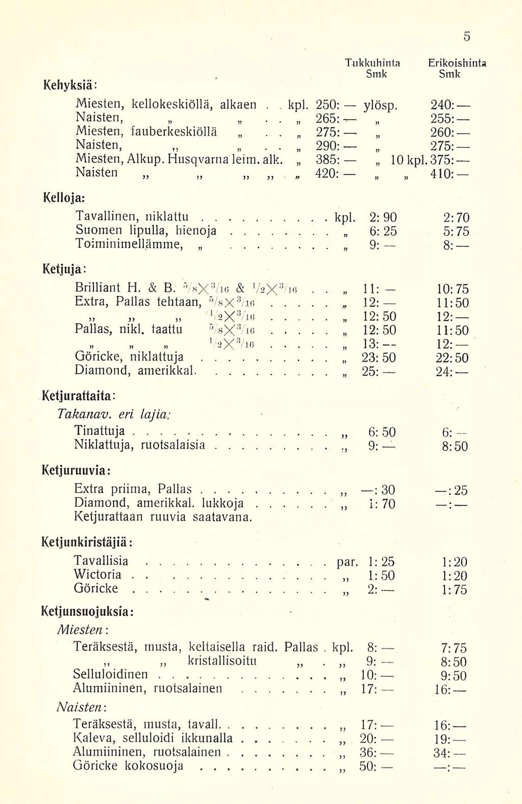 Tukkuhinta Erikoishinta Kehyksiä: Miesten, kellokeskiöllä, alkaen kpl 250: ylösp 240; Naisten, 265: 255; Miesten, fauberkeskiöllä 275: 260: Naisten, 290: 275; Miesten, Alkup Husqvarna leim alk 385: