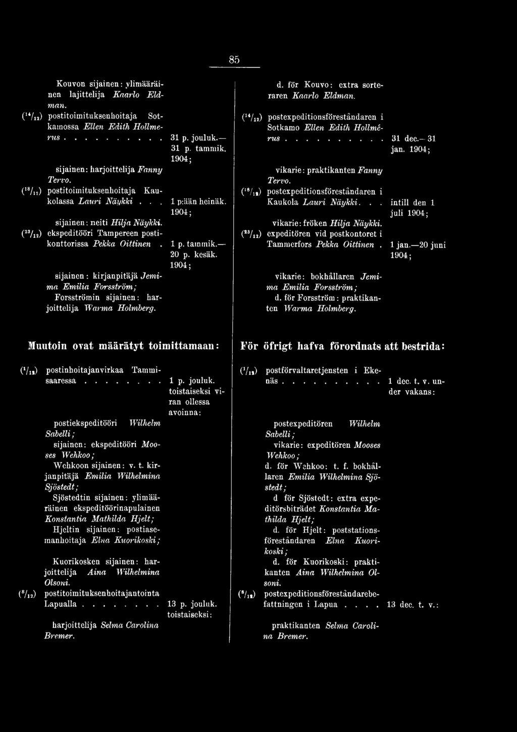 (23/12) expeditören vid postkontoret i Tammerfors Pekka Oittinen. vikarie: bokhållaren Jemima Emilia Forsström; d. för Forsström: praktikanten Warma Holmberg. 31 dec. 31 jän.