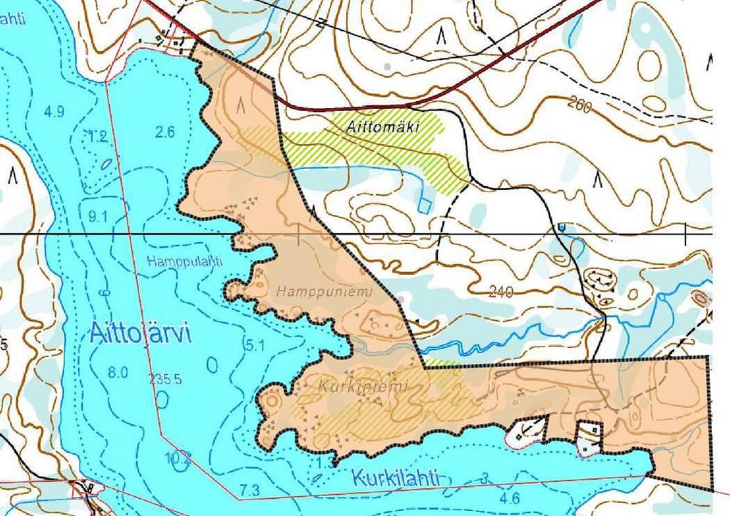 Kaavoitettava alue rajoittuu Aittojärveen.