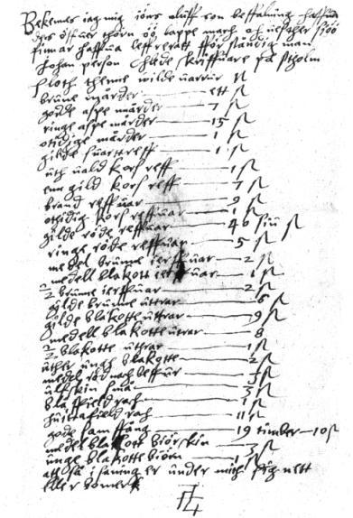 Figur 3. Lappfogden Jöns Olofssons kvittens i Skinnkammaren den 1 september 1601. Olof Anundsson d.y. i Armassaari upptas i birkarlalängden från 1589.