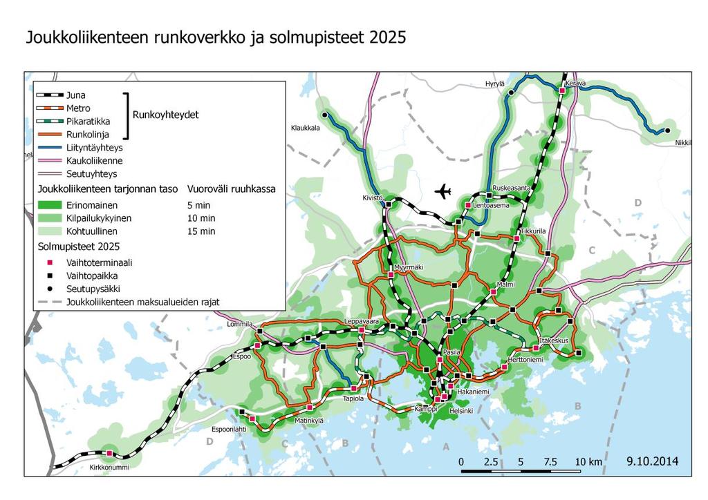 14 Kuva 5. Joukkoliikenteen runkoverkko, solmupisteet ja palvelutaso pääkaupunkiseudulla 2025 (Kuva: HLJ 2015 -luonnos, 21.10.2014, HSL).