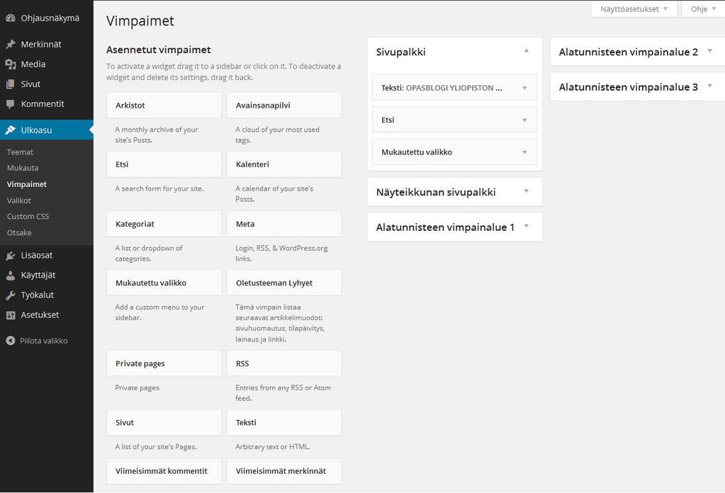 8. VIMPAIMET Mitä ovat vimpaimet? Vimpaimet (engl. widgets) ovat lisäosia, joilla voi muokata blogin ulkoasua ja rakennetta haluamallaan tavalla.