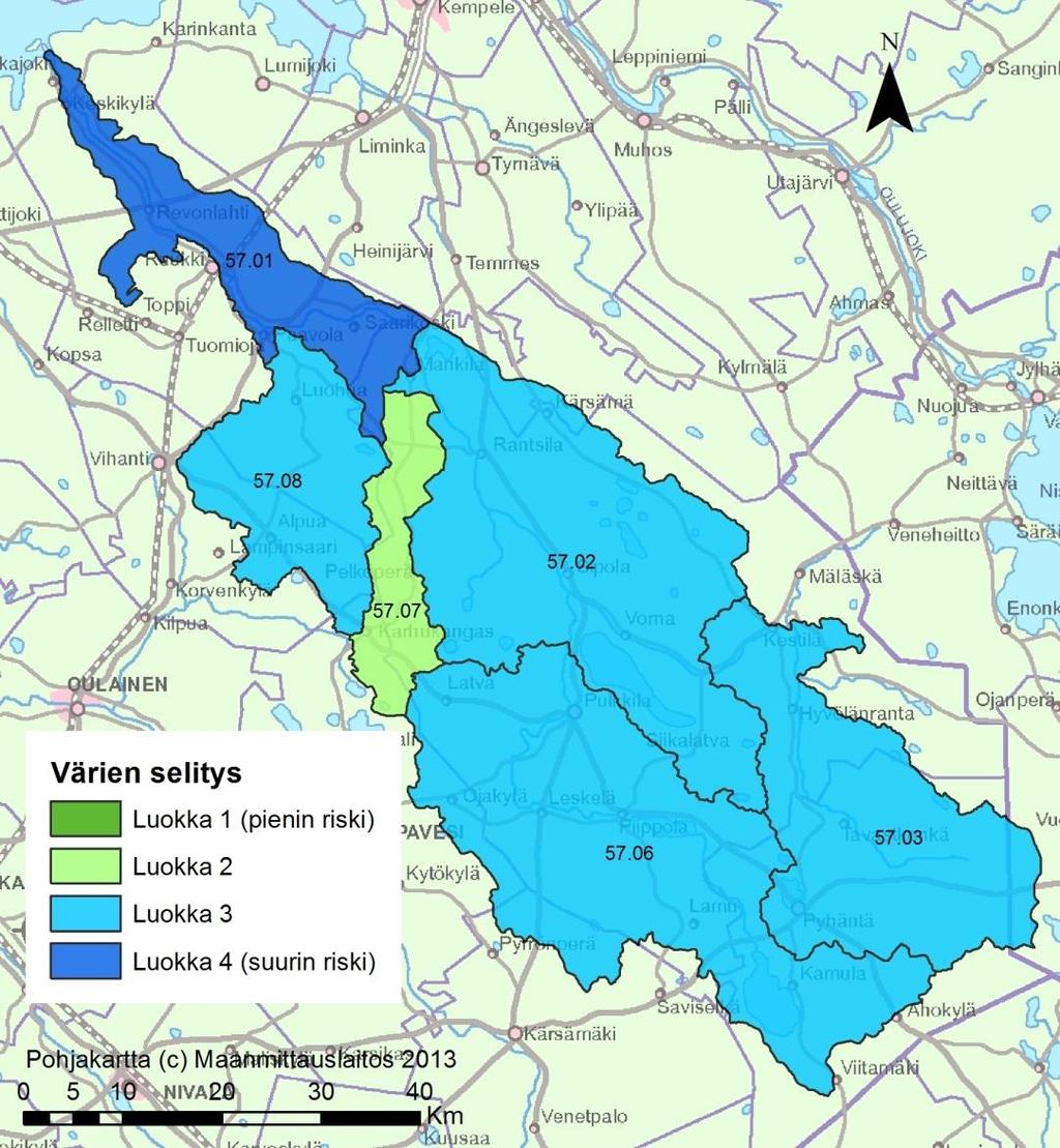 7.3 Siikajoen vesistöalue (57) Turvetuotannon suurin kuormitus (Savalojan 57.07) näyttäisi kohdistuvan luokkaan 2 ja pienin kuormitus (Siikajoen 57.02) luokkaan 3 (Taulukko 106, Kuva 108).