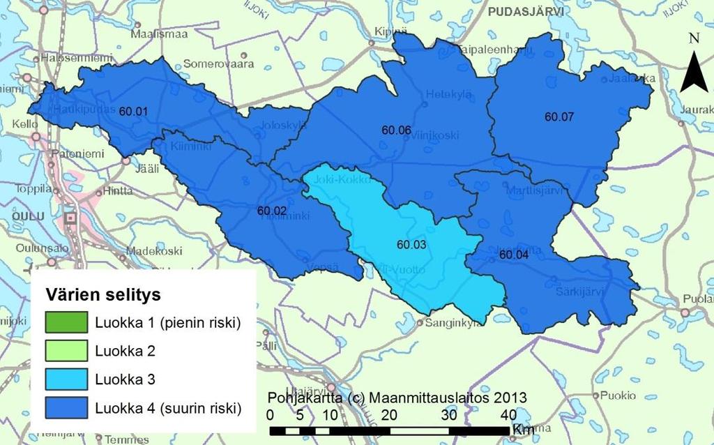 7.5 Kiiminkijoen vesistöalue (60) Turvetuotannon suurin kuormitus (Kiiminkijoen keskiosa 60.03) näyttäisi kohdistuvan luokkaan 3 ja pienin kuormitus (Juorkunan a 60.