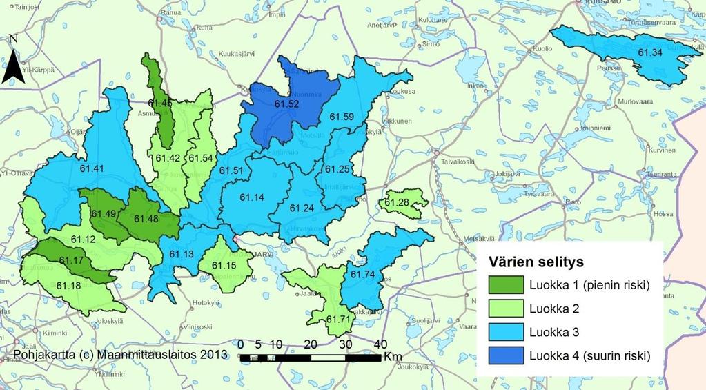 7.6 Iijoen vesistöalue (61) Turvetuotannon suurin kuormitus (Kivarinjoen va 61.14) näyttäisi kohdistuvan luokkaan 3 ja pienin kuormitus (Martimonjoen va 61.