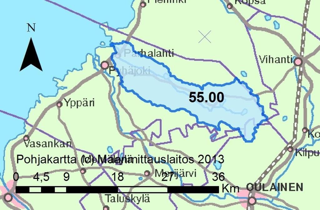 Kuva 39. Liminkaojan vesistöalueelta tarkastelussa mukana olleet 2. jakovaiheen valuma-alueet. Vaihtoehto VE0 Tarkastelujakson aikana tuotantoala pienenee 135 ha -> 0 ha.