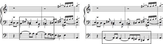 ) Jalkiota voisi siirtää oktaavia alemmaksi pidemmältä matkalta, mutta matala bassolinja ei tue nelijalkaispohjaista sormiosointia kovin hyvin (vrt. nuottiesimerkki 6 c.