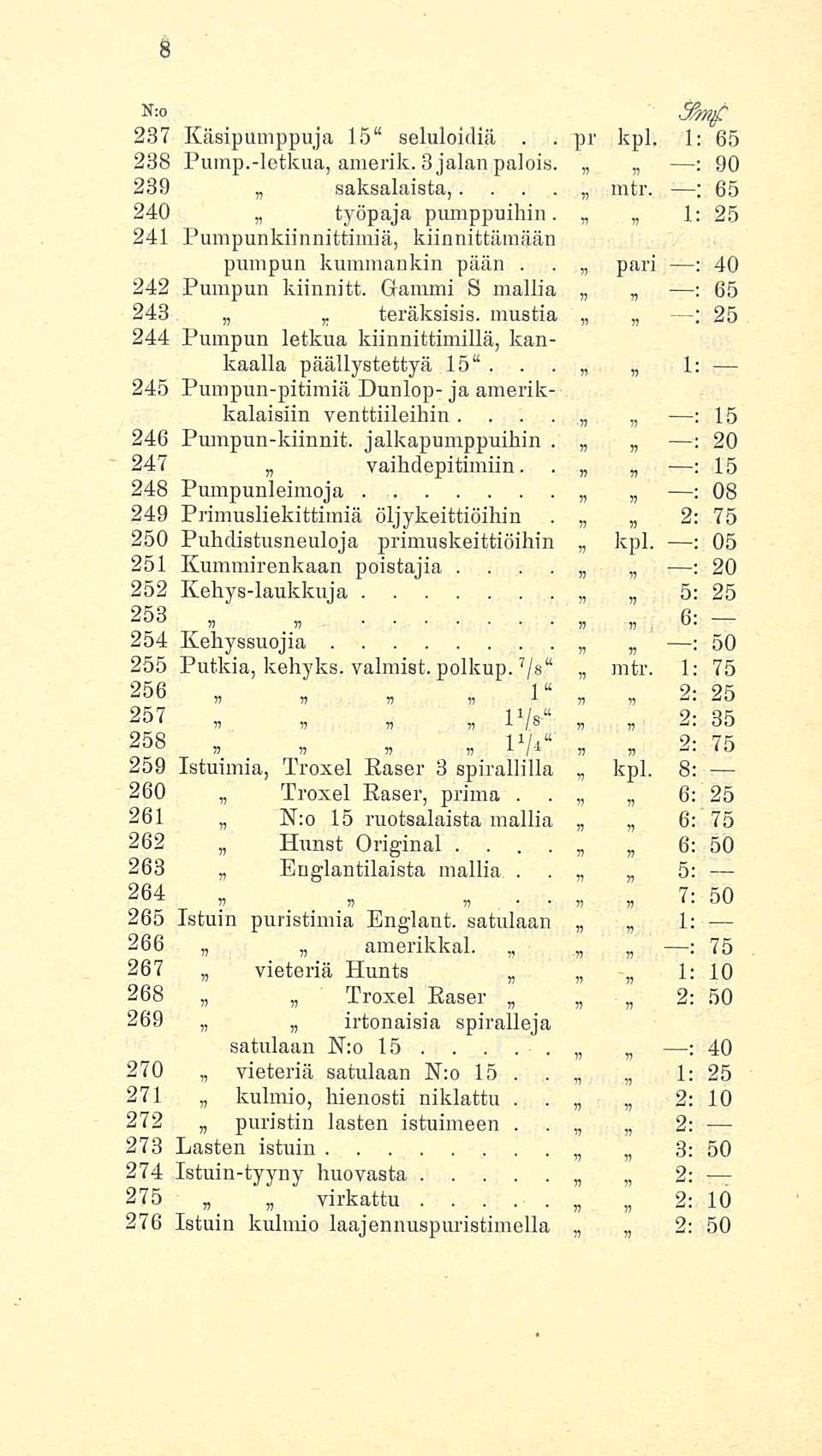 pr mtr N; o ffinf 237 Käsipumppuja 15 seluloidiä kpl 1 65 238 Pumpletkua, amerik 3 jalan palois 90 239 saksalaista, mtr ; 65 240 työpaja pumppuihin 1 25 241 Pumpunkiinnittimiä, kiinnittämään pumpun