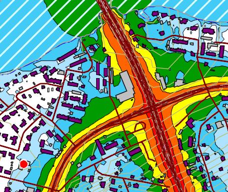 Kuva 6. Otteet Kouvolan kaupungin meluselvityksestä päivä- ja yöajan keskiäänitasoilla. Virkistysalueet Kaavamuutosalueella ei sijaitse virkistysalueita.