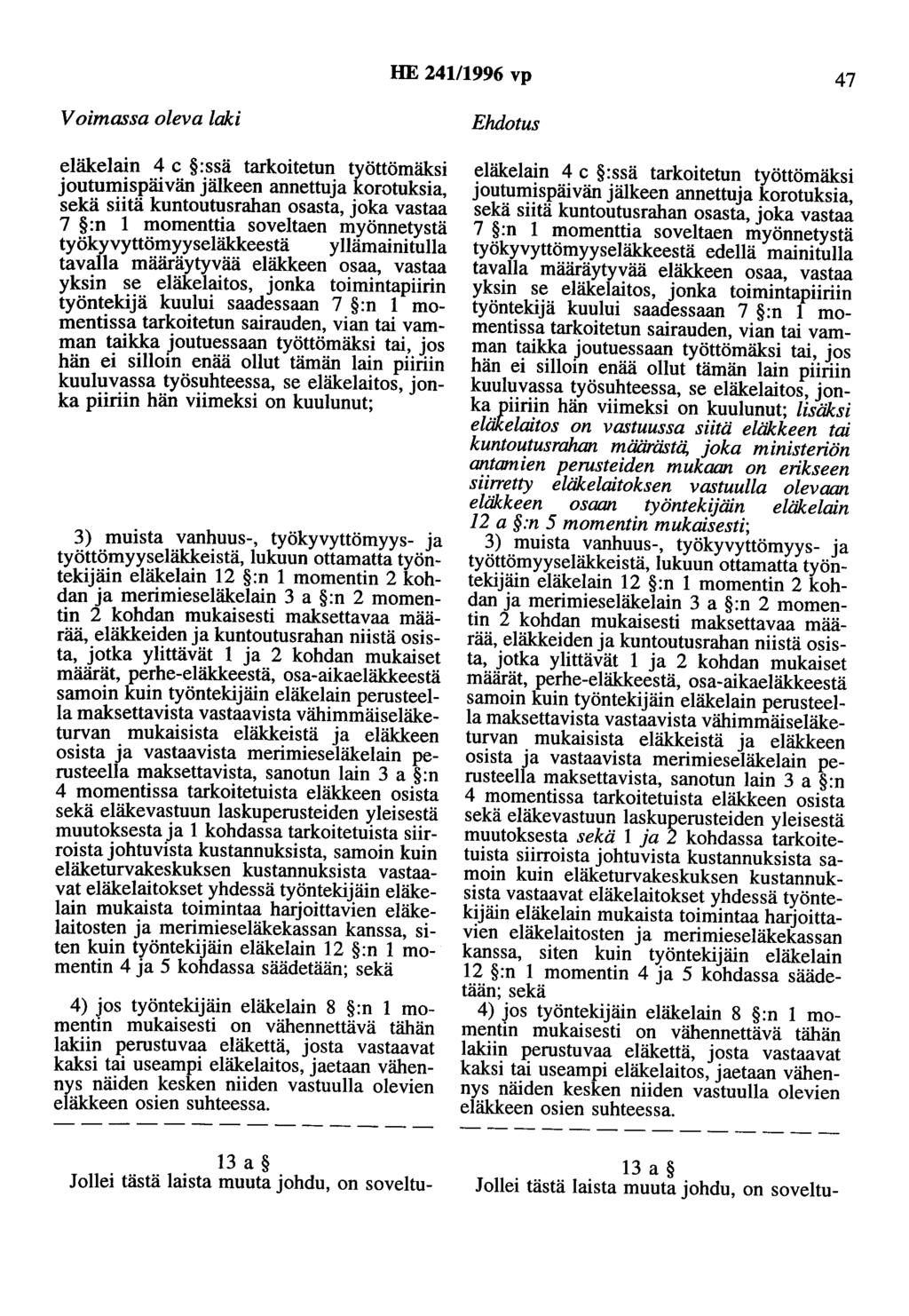 HE 24111996 vp 47 Voimassa oleva laki eläkelain 4 c :ssä tarkoitetun työttömäksi joutumispäivän jälkeen annettuja korotuksia, sekä siitä kuntoutusrahan osasta, joka vastaa 7 :n 1 momenttia soveltaen