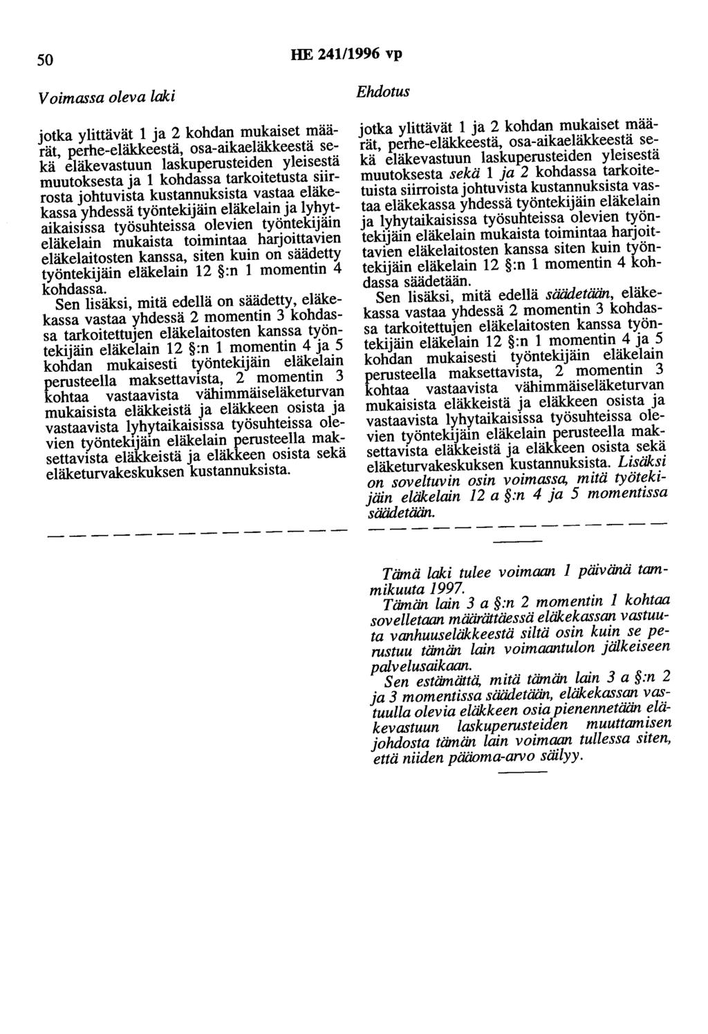 50 HE 241/1996 vp Voimassa oleva laki jotka ylittävät 1 ja 2 kohdan mukaiset määrät, perhe-eläkkeestä, osa-aikaeläkkeestä sekä eläkevastuun laskuperusteiden yleisestä muutoksesta ja 1 kohdassa