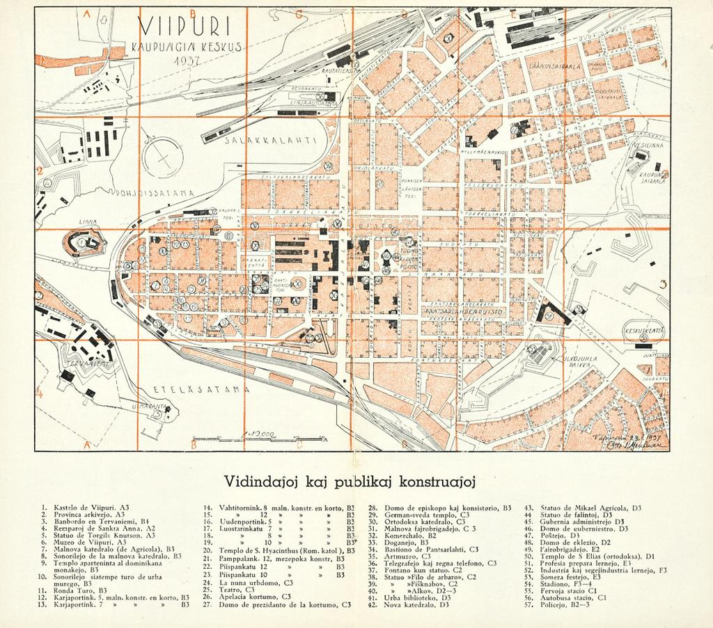 8 Vidindajoj kaj publikaj konstruajoj 1. Kastelo de Viipuri. A 3 2. Provinca arkivejo, A 3 3. Banbordo en Tervaniemi, Bt 4. Remparoj de Sankta Anna. A2 5. Statuo de Torgils Knutson. A 3 6.