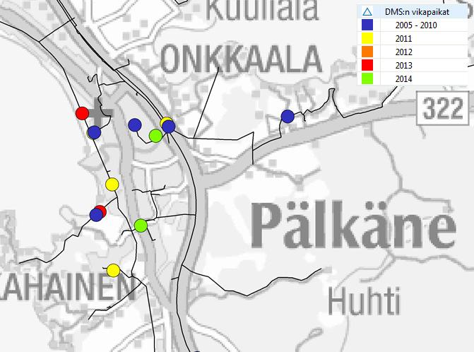 43 KUVA 7. Dms-vikapaikat vuosilta 2005 2014 Trimble NIS verkkotietojärjestelmässä Kuvassa 7 näkyvät keskijänniteverkon toteutuneet vikapaikat vuosilta 2005 2014 värillisillä ympyröillä kuvattuna.