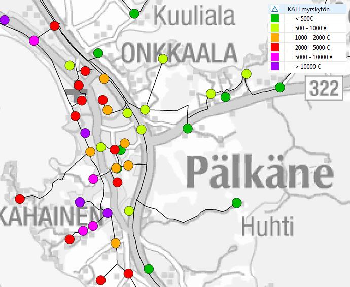 44 Kuvan 8 muuntamot on kuvattu asiakastiheyden perusteella erivärisin ympyröin.