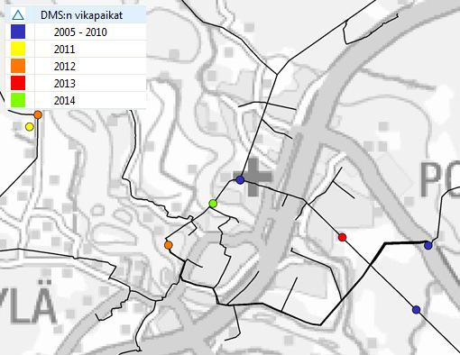 53 KUVA 17. Toteutuneet vikapaikat Pyhäjoella Analyysista havaitaan, että myös taajama-alueella on viimevuosina ollut vikoja.