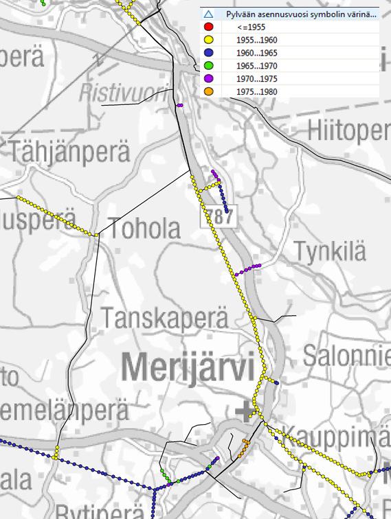 58 6.2.2 Verkon kunto ja luotettavuus Merijärven aluetta on analysoitu samoilla perusteilla Pyhäjoen taajama-alueen kanssa. Verkon ikää on analysoitu pylväänasennusvuosien mukaan tehdyllä analyysilla.