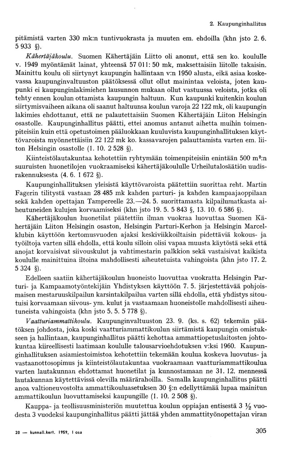 2. Kaupunginhallitus pitämistä varten 330 mk:n tuntivuokrasta ja muuten em. ehdoilla (khn jsto 2. 6. 5 933 ). Kähertäjäkoulu. Suomen Kähertäjäin Liitto oli anonut, että sen ko. koululle v.