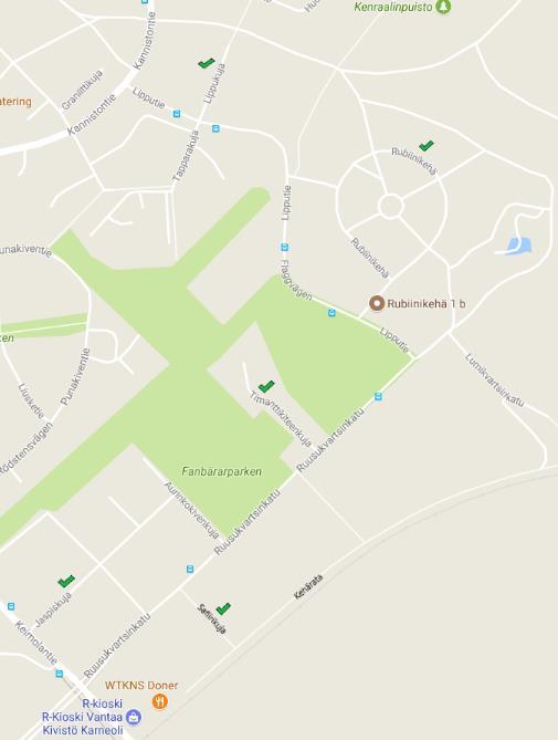 46 Kuvio 12: Vihreä V, kertoo missä osoitteissa opinnäytetyössä analysoidut Kivistön kaupunkikeskuksen uudiskohteet sijaitsevat (Google maps 2017).