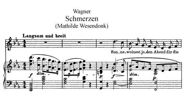 22 Nuottiesimerkki 13. Wagner: Wesendonck Lieder, Schmerzen, tahdit 1-4. Nuottiesimerkki 14. Wagner: Wesendonck Lieder, Schmerzen, tahdit 12-14.