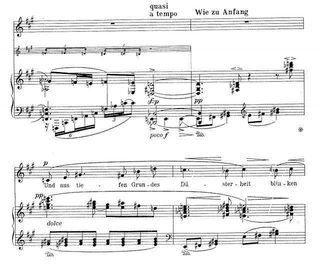 32 Nuottiesimerkki 22. Berg: Sieben frühe Lieder, Nacht, tahdit 25-28. Loppupuolella orkestraation tuomia lisäajatuksia kohdallani oli lähinnä tahdissa kolmekymmentäyksi.