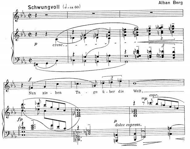 48 Nuottiesimerkki 38. Berg: Sieben frühe Lieder, Sommertage, tahdit 1-6. Pianopartituurista soittamalla pitkät soinnut saavat suuremman merkityksen kuin orkesteriversiosta.