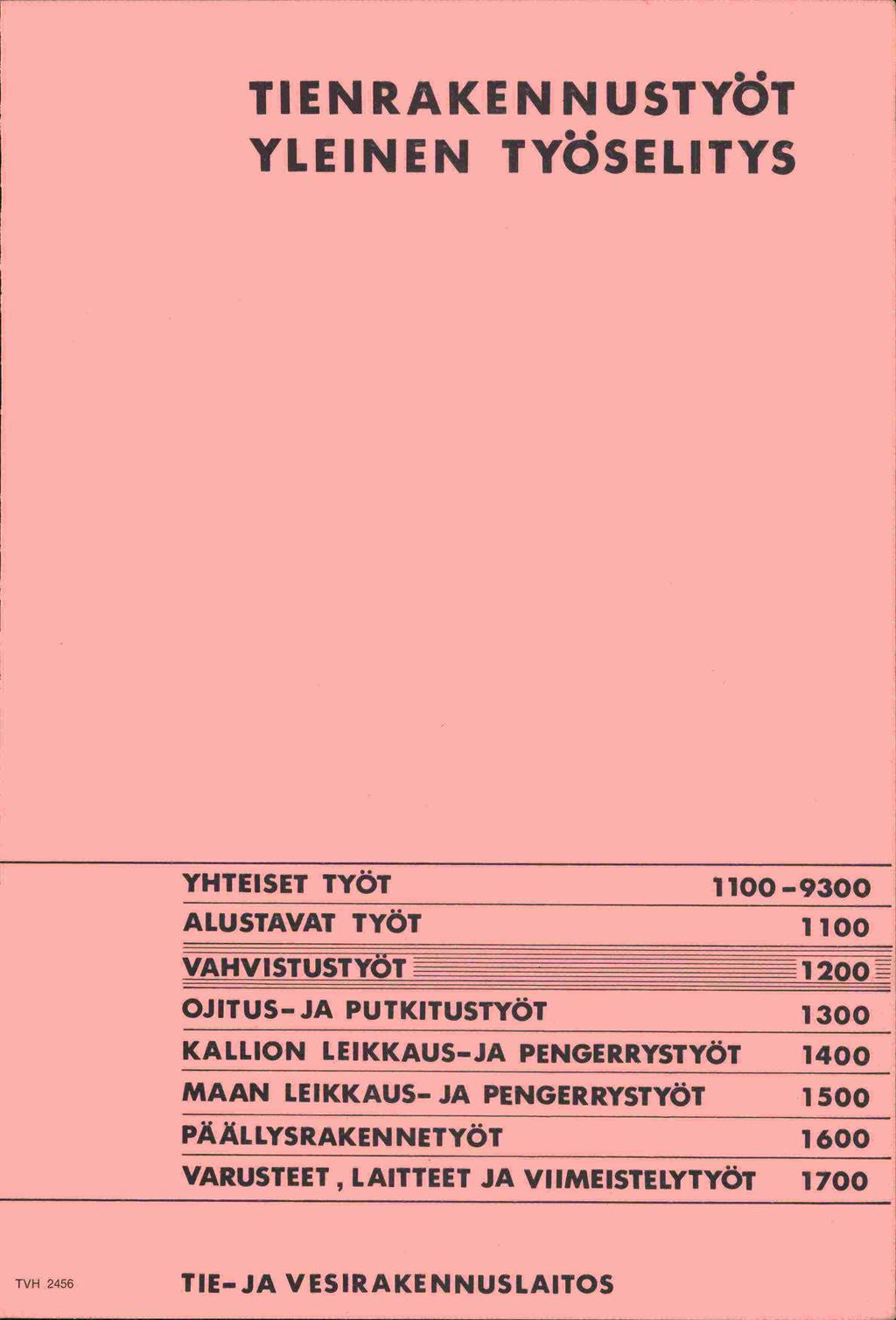 TIENRAKENNUSTYÖT YLEINEN TYÖSELITYS YHTEISET TYÖT 11-93 ALUSTAVAT TYÖT 11 VAHVISTUSTYÖT 12 OJITUS-JA PUTKITUSTYÖT 13 KALLION LEIKKAUS-JA