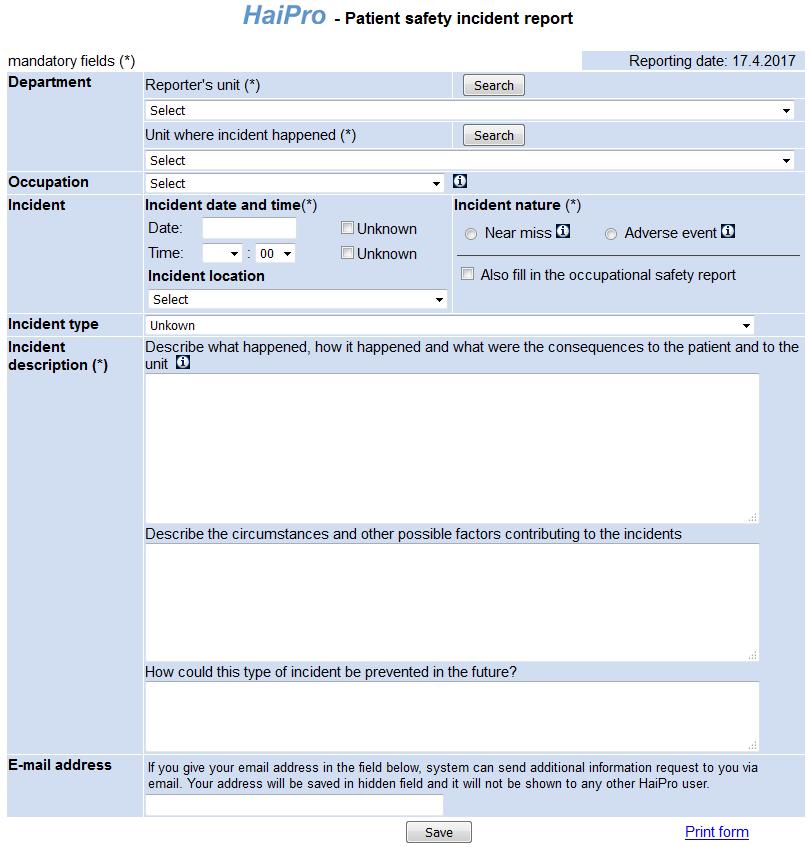 Reporting form for patient safety incidents in the Finnish Reporting System for Safety