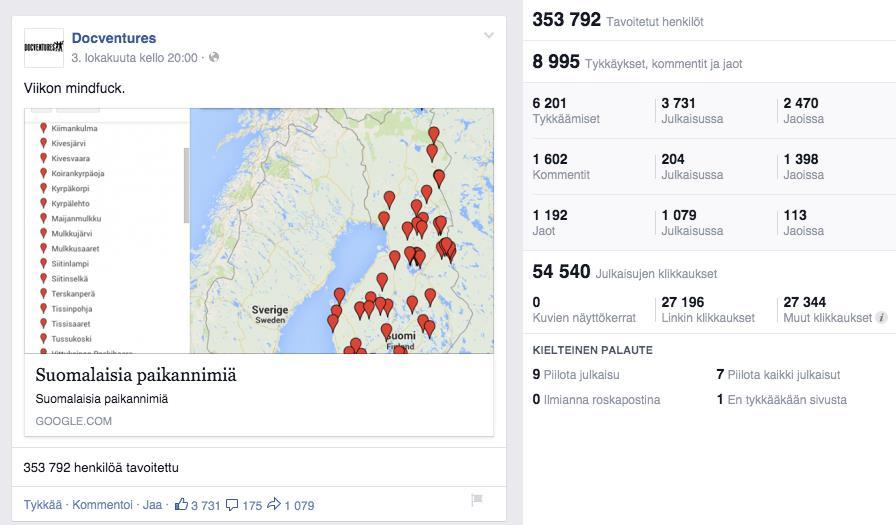 Kuva 10. Kuvakaappaus Docventuresin Facebook-sivuilta. Luettu: 8.10.2014. Suomalaisuus-viikko oli siis hyvä sekä Facebookissa että Twitterissä.