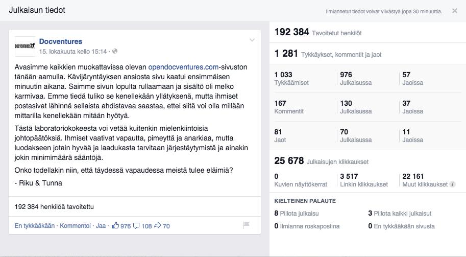 jäi alle 200 000 käyttäjän. Uusia tykkääjiä sivulle tuli 730. Lähetyspäivänä aikajanalla kävi 5211 vierailijaa. Kuva 14. Kuvakaappaus Docventuresin Facebook-sivuilta. Luettu: 19.10.2014.