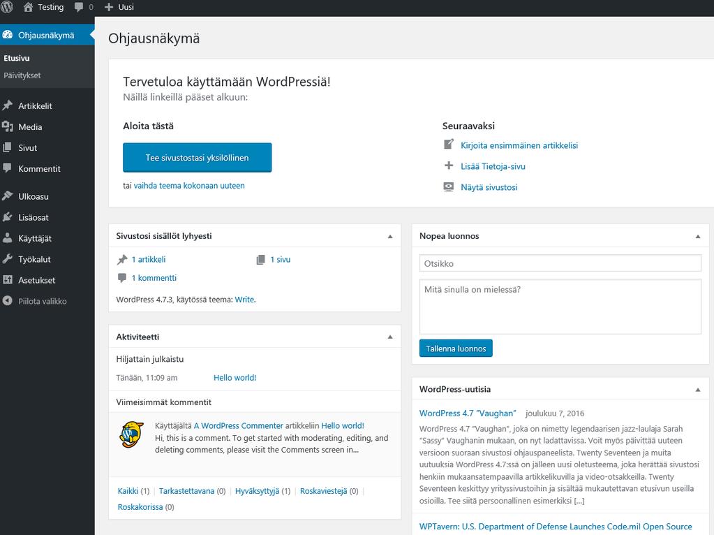 14 KUVA 1. WordPress asennus 5.2 Ohjausnäkymä Ensimmäinen asia, jonka käyttäjä näkee asennuksen jälkeen kirjautuessaan sisään, on WordPressin ohjauspaneeli.