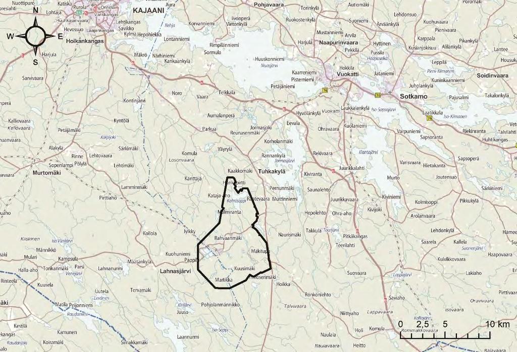 4 2. TARKKAILUN TAUSTATIEDOT 2.1 Tarkkailualue Terrafamen kaivos sijaitsee Sotkamon ja Kajaanin kuntien alueella, noin 23 km Sotkamon keskustasta lounaaseen. Kaivospiirin pinta-ala on noin 60 km 2.
