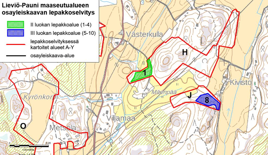 Kartta 9. II luokan lepakkoalue nro 1 osa-alueella H ja III luokan lepakkoalue nro 8 osaalueella J.