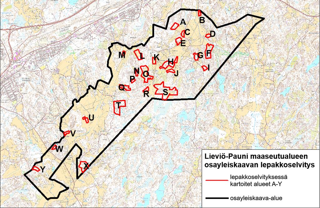 Kartta 1. Lieviö-Pauni osayleiskaava-alueen muuttuvan maankäytön perusteella valitut osa-alueet, joilla tehtiin lepakkokartoitusta. Osa-alueet on nimetty kirjaimilla A-Y. 4.