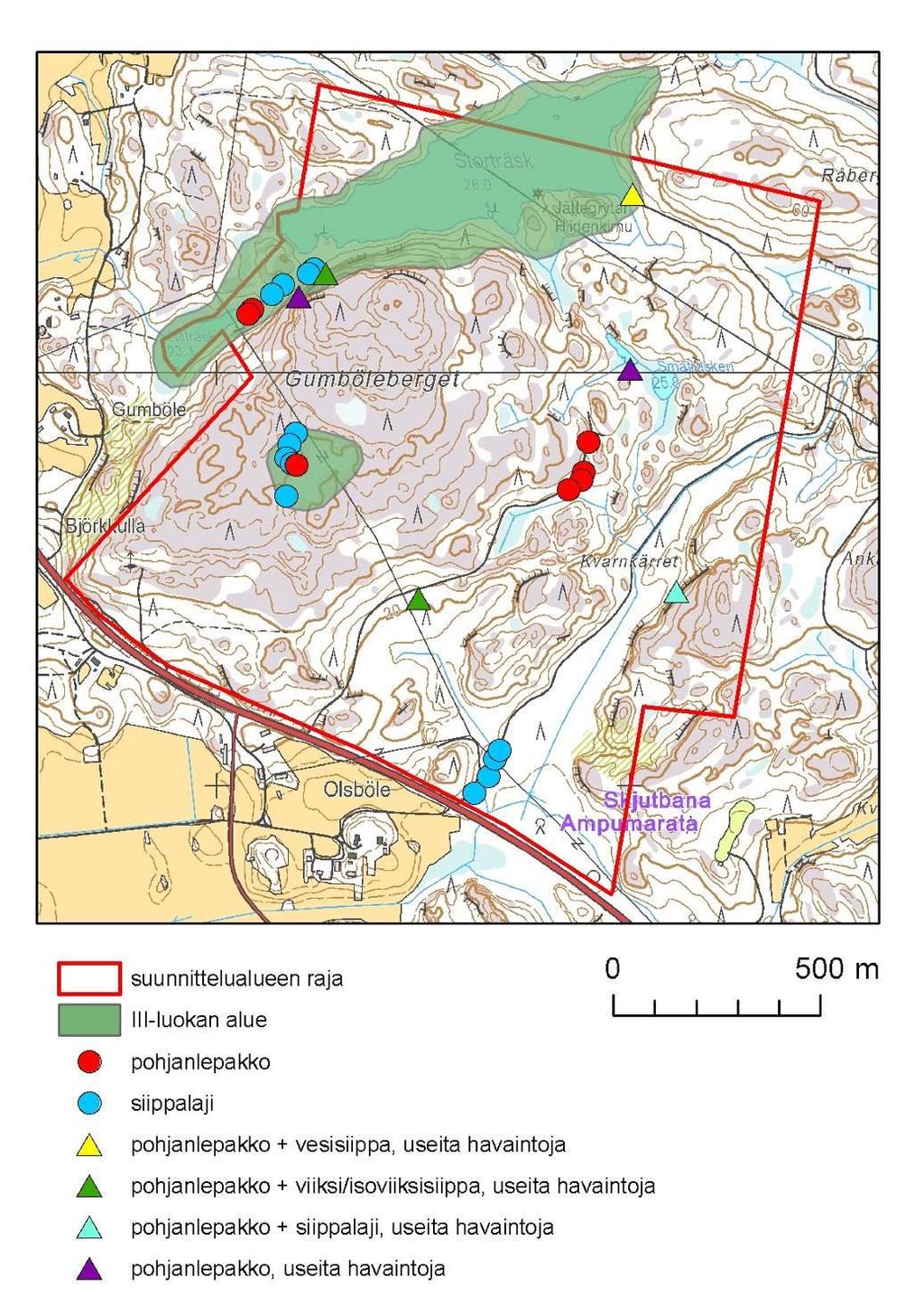Kuva 5-1. Lepakoista selvitysalueella tehdyt havainnot sekä III-luokan alueiden rajaus.