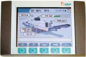 Kuvio 16. Värinäytöllinen graafinen käyttöliittymä. (Metso Oyj) LT116:een saa myös seulamodulin pääkuljettimen päähän, jolla voidaan seuloa murskausprosessin jälkeen kahta eri kokoa eri kasoihin.