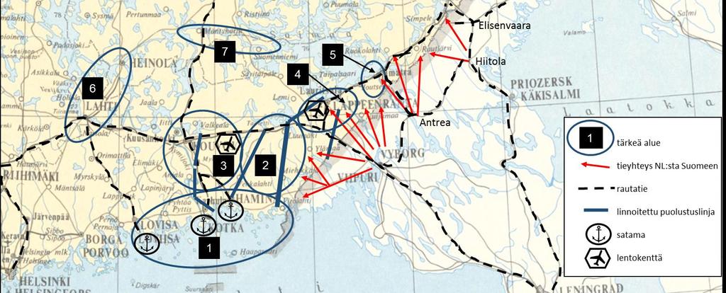 43 Kuva 2: Sotilaallisesti tärkeät alueet 1 7. Alueella 8, Mikkelin seudulla, oli useita kasarmialueita ja lentokenttä.