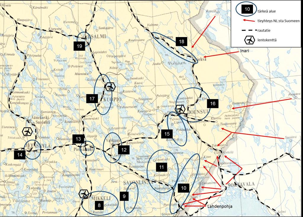 44 Alue 13, Pieksämäki, on erityisesti rautatieliikenteen, mutta myös maantieliikenteen solmukohta. Alueella on myös Naarajärven kasarmialue lentokenttineen.