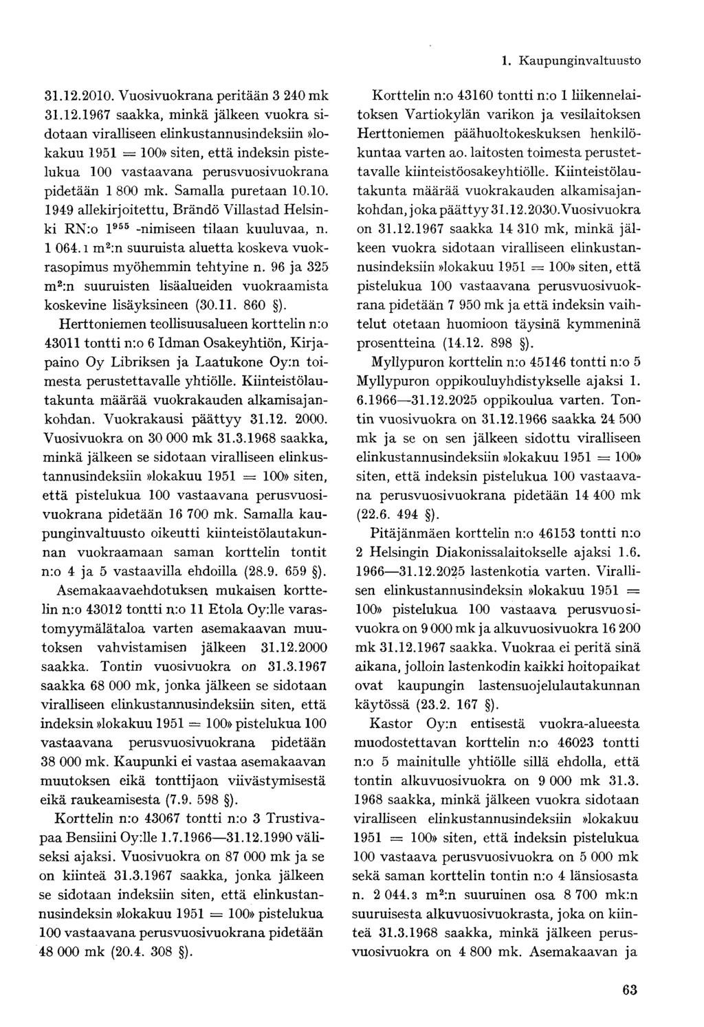31.12.2010. Vuosivuokrana peritään 3 240 mk 31.12.1967 saakka, minkä jälkeen vuokra sidotaan viralliseen elinkustannusindeksiin»lokakuu 1951 = 100» siten, että indeksin pistelukua 100 vastaavana perus vuosivuokrana pidetään 1 800 mk.