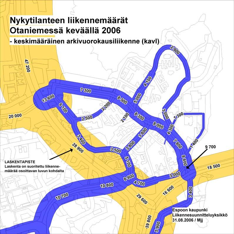 5.2 Otaniemen liikennemääriä Otaniemessä tehtiin keväällä 26 normaalia enemmän liikennelaskentoja Otaniemen liikenneverkkosuunnitelmaa varten.