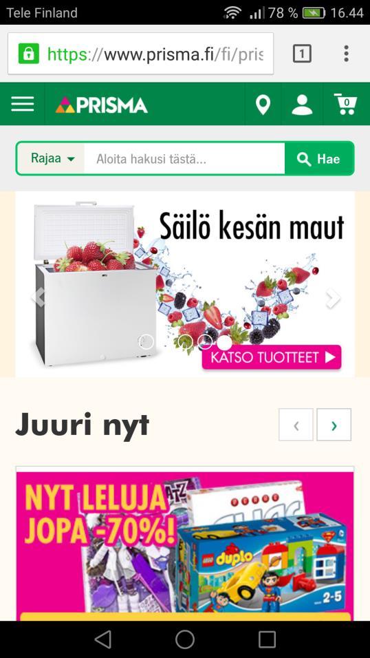 Kuva 7. Esimerkkejä mobiilioptimoiduista nettisivuista (Ilta-Sanomat 2016; Prisma 2016.